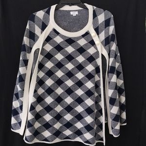 Crown Ivy Navy Ivory Plaid Poncho Knit Sweater One Size